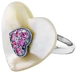 Heart-shaped Mother of Pearl Ring in Solid Sterling Silver, Accented with Tiny High Quality Pink Tourmaline CZ's, 7/8 (22mm) wide
