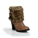 Dual Buckle Fur Trim High Heel Ankle Bootie Tan