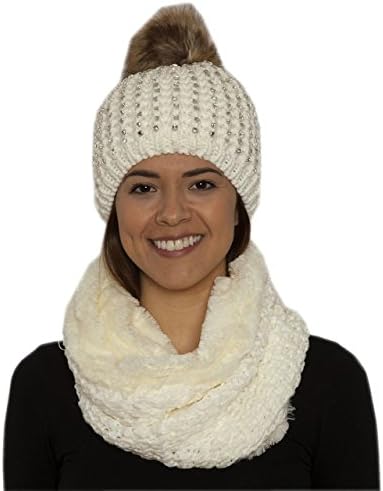 Samshine Crochet Winter Beanie Cap And Infinity Scarf Set with Soft Fur Lining, Studs &amp; Pom Pom (Ivory)