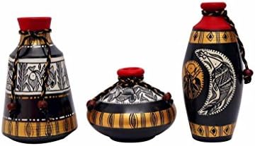 Indikala Indian Handmade Warli Painted Set Of 3 Earthern Vases