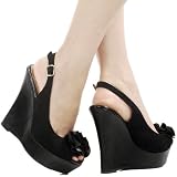 Bikini46 Ruffle Slingback Platform Wedge BLACK