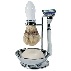 Kingsley SILVER Plated White SHAVE SET natural bristle brush, stand, soap cake, Gillette Mach 3 III razor men's grooming accessory shave