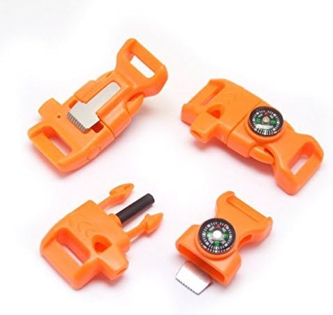 11 Pics Whistle Buckle Compass, 1/2" Whistle Buckles w/ Flint Fire Starter &amp; Striker for Paracord Bracelet Outdoor, Orange