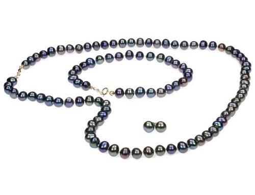 Freshwater Black 6-6.5mm Pearl Earring Studs, Necklace, and Bracelet Set in 14K Yellow Gold