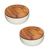 Natural Elements Set of 2 Ceramic Bowls both with Acacia Wood Lids