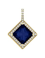 10K Yellow Gold 8.00x8.00mm Princess Cut Chatham Created Sapphire and Diamond Pendant