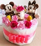出産祝い　誕生日　ミッキー＆ミニーのマスコット付＋ベビーセット　おむつケーキ　pink girl's(ギフトBOX付）