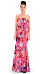 A-line Full Length Spaghetti Strap Natural   Waistline Floral Print Sweetheart Silk Pleated Banding  Maxi Dress  With Ruffles