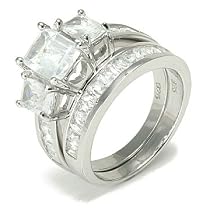 Sterling Silver Emerald Cut CZ Engagement Bridal Ring Set
