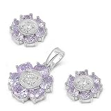 Sterling Silver & Lavender CZ Tribal Islander Sun Earring & Pendant Set