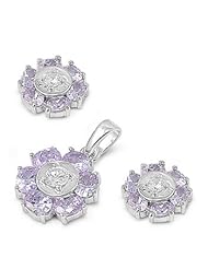 Sterling Silver Lavender CZ Tribal Islander Sun Earring Pendant Set