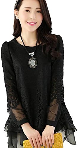 43 city Women's Long Sleeve Slim Fit Floral Lace Organza Blouse