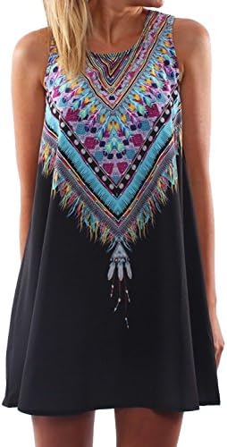 GOOUIE Women's Sexy Sleeveless Boho Flower A Line Beach Dress Black S