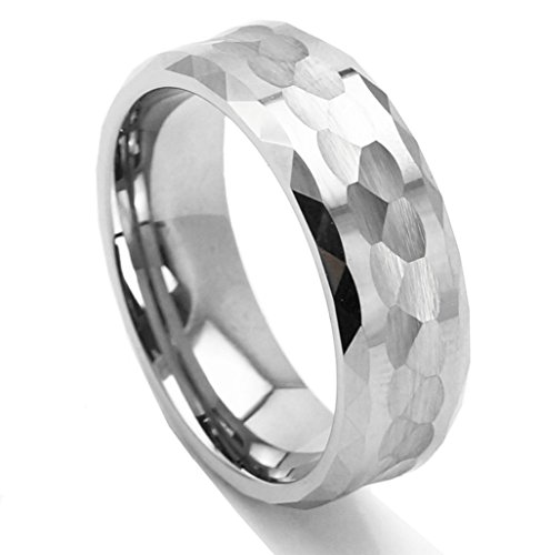 King Will 8mm Men Tungsten Metal Ring Hammered Multi faceted Design Wedding Band Polished Comfort-Fit