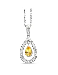 Twin Pear Shaped Diamond Pendant In 18K White Gold With A 0.75 ct. Genuine Yellow Sapphire Center Stone.