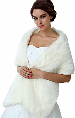 Ivy Long Hair Faux Fur Wedding Shawl Stoles Wraps Cape for Women White