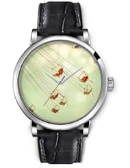 SPRAWL Aanalog Fashion Series Silver Ladies Watches of Genuine Black Leather Strap,Unique Wrist Watch for Women Girls Designed with Chairs in the Air
