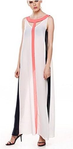 Hellopretty Womens Celeb Elegent Long Chiffon Blocking Color Boho Maxi Dress (S, White+Dark Blue)