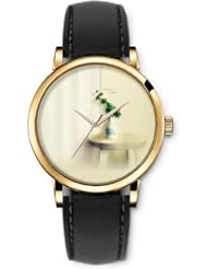 SPRAWL Aanalog Fashion Series Gold Ladies Watches of Genuine Black Leather Strap,Unique Wrist Watch for Women Girls Designed with Pot on the bench