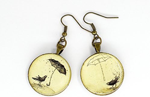 E52 Be my Valentine Unique Fashion Cute Black Birdsunder Umbrella Round Brass White Beige Earrings Handmade Valentine's Day Gift for Women Exlusive Photo Print Epoxy Pattern design casual jewelry