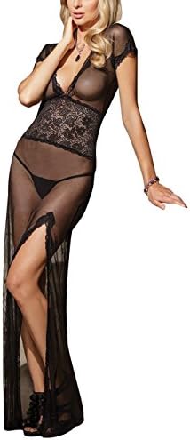 Xilins Women's Sexy Lingerie Babydoll See Through Maxi Slit Dress with G-string Black 2XL