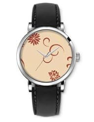 SPRAWL Aanalog Fashion Series Silver Ladies Watches of Genuine Black Leather Strap,Unique Wrist Watch for Women Girls Designed with Brown flowers on beige background