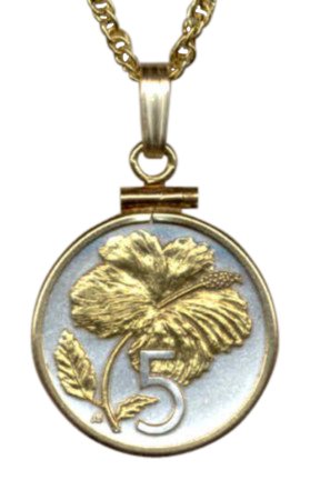 Gorgeous 2-Toned 24k Gold on Sterling Silver World Coin Necklaces in Gold Filled Bezels - Cook Islands 5 cent "Hibiscus" (penny size)