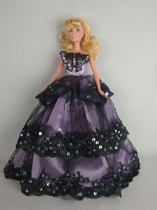 Purple and Black with Seguins and a Fur Boa Ball Gown Made to Fit the Barbie Doll
