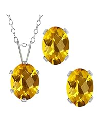 2.65 Ct Checkerboard Yellow Citrine Sterling Silver Pendant Earrings Set