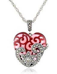 Sterling Silver, Oxidized Marcasite, and Gemstone Colored Glass Heart Pendant Necklace, 18"