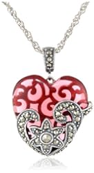 Sterling Silver, Oxidized Marcasite, and Gemstone Colored Glass Heart Pendant Necklace, 18"