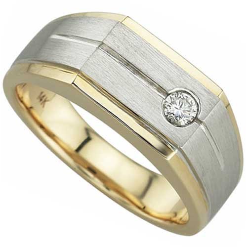 0.12 Ct. Round Brilliant Cut Diamond, 14Kt. Two Tone Gold. Diamond Solitaire Men's Ring