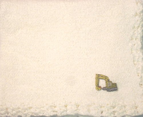 Hand Machine Knitted Finished with Hand Crochet White Color Chenille Infant Boys Blanket Hand Crochet Trimmed with White Color Chenille and Bull Dozer Patch