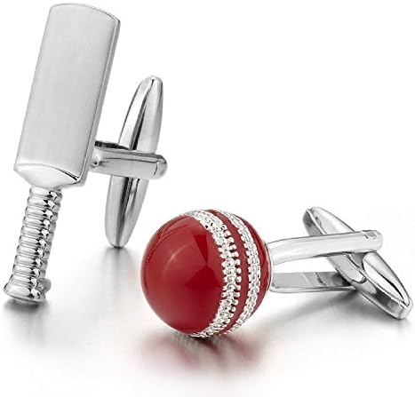 Guoqueen Cuff Buttons Cufflinks Silver Red Cricket Bat Racket Sleeve Button Unique Cuff Links for Men with Gift Box