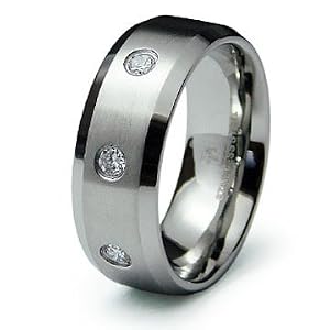 High End Beveled Edge Three CZ Stone Steel Wedding Band Ring