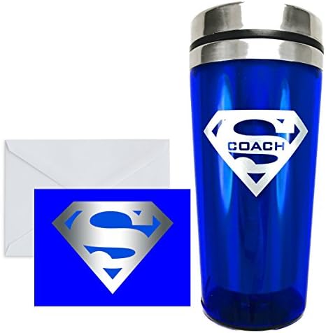 SUPER MUGS TM Coach Blue and Silver 16 Oz Insulated Glossy Acrylic and Stainless Steel Tumbler, Leak &amp; Spill Proof Lid Slider, Matching Greeting Gift Card, Great End of Season Little League Team Gift!