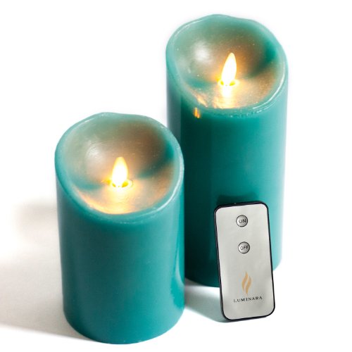 Luminara Set of 2 Moving Wick Flameless Candles with Remote Sage Blue