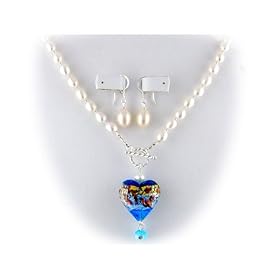 Aqua Murano Glass Heart Pendant Freshwater Pearl Lariat Necklace Earrings ne949