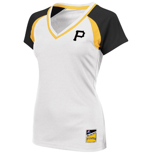 MLB Pittsburgh Pirates Women's Short Sleeve Raglan Deep V-Neck Synthetic Tee (White/Black/Yellow Gold, Large)
