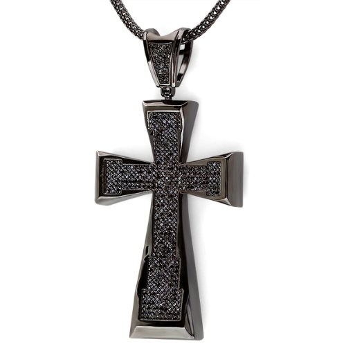 Mens Black CZ Cubic Zirconia Iced Micro Pave Hip Hop Religious Plated Cross Necklace Pendant (4 inch x 2 inch) FREE CHAIN