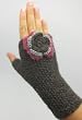 Handmade Artisan Pure Alpaca Natural Fiber Fingerless Gloves - Dark Charcoal Gray with Crocheted Pink Flower (100%Knitted by Hand/Women/Teens)
