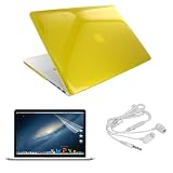 Skque Yellow Crystal Hard Transparent Case Cover + LCD Clear Screen Protector + White Earphone Headset w/mic for Apple MacBook Pro 15 with Retina display