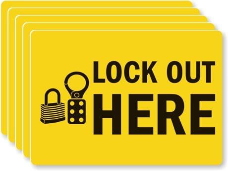 Lockout Here, Laminated Vinyl Labels, 5 Labels / Pack, 5" x 3.5"
