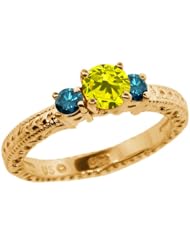 0.79 Ct Round Canary and Blue Diamond 18K Yellow Gold 3-Stone Ring