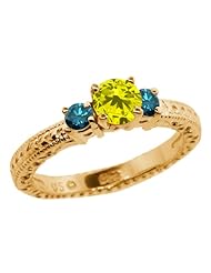 0.79 Ct Round Canary and Blue Diamond 18K Yellow Gold 3-Stone Ring