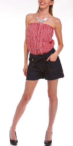 Women's plaid tube top with ribbon belted shorts