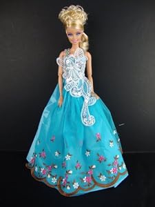 Blue Gown with Lace on the Front Only with Flowers and Lace Botice Made to Fit the Barbie Doll