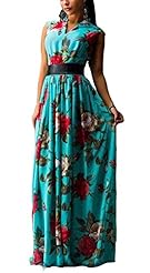 A-line V-neck Halter Sleeveless Full Length Summer Belted Floral Print Chiffon Evening Dress/Party Dress 