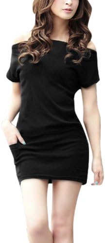 Women Boat Neck Dolman Sleeve Pockets Front Mini Dress Black XL