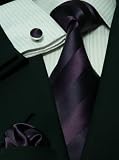 Landisun 53F Dark Purple Stripes Mens Silk Tie Set: Tie+Hanky+Cufflinks